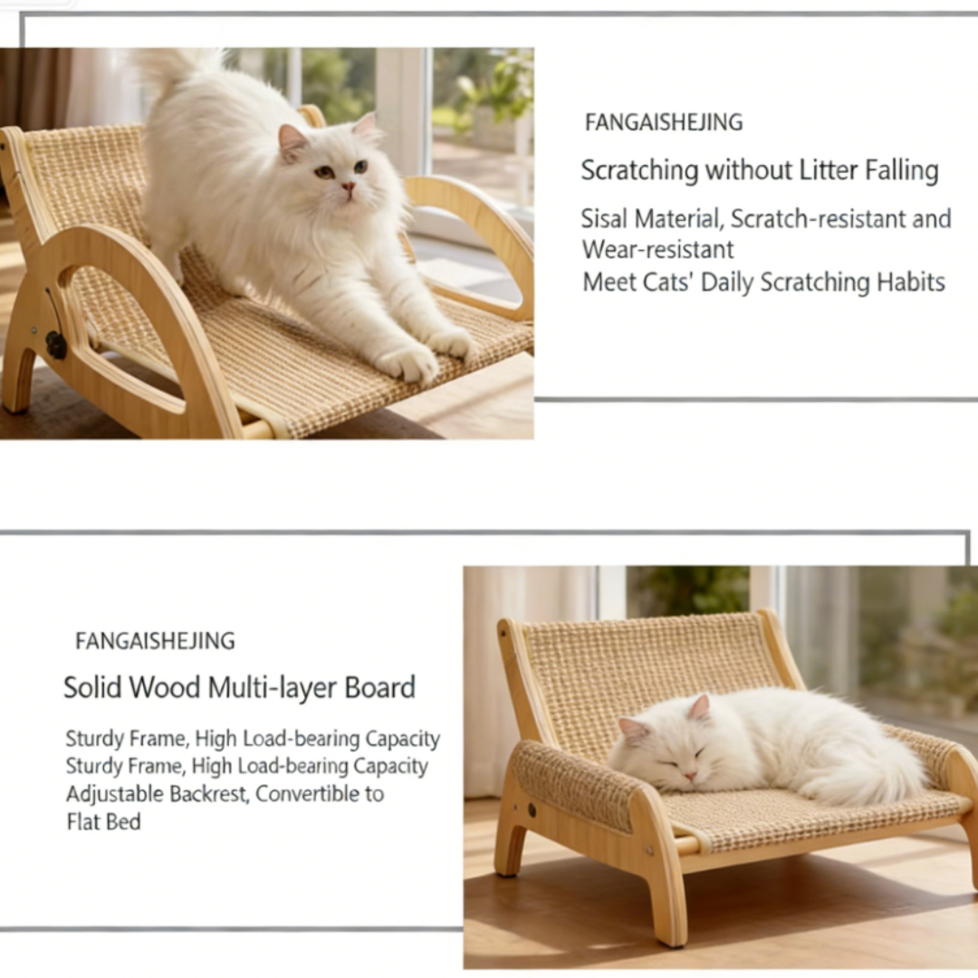 All-Season Cat Scratcher Sofa – Wooden Cat Bed with Adjustable Backrest & Sisal Scratching Surface