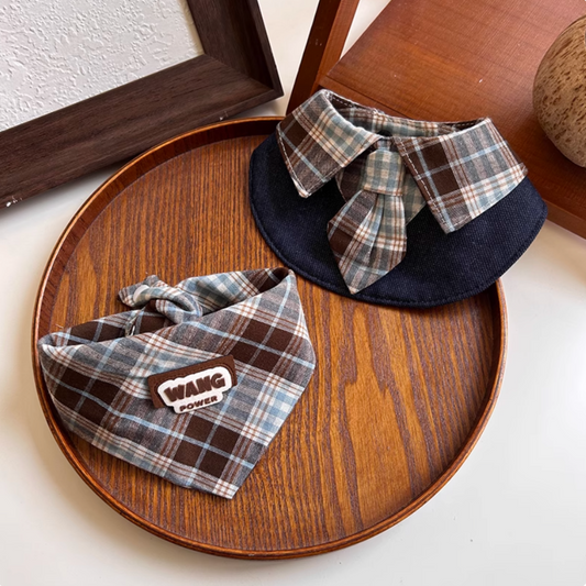 Handmade Cat and Dog Versatile Plaid Triangle Bib