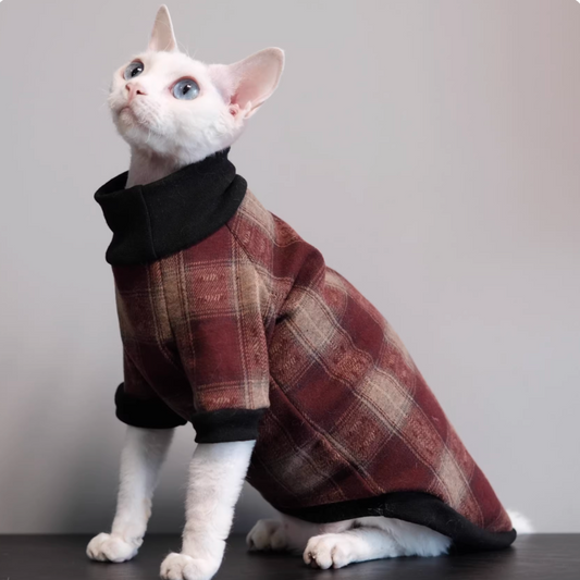 Sphynx & Devon Rex Cats in Autumn-Winter Long Sleeves Plaid Clothes