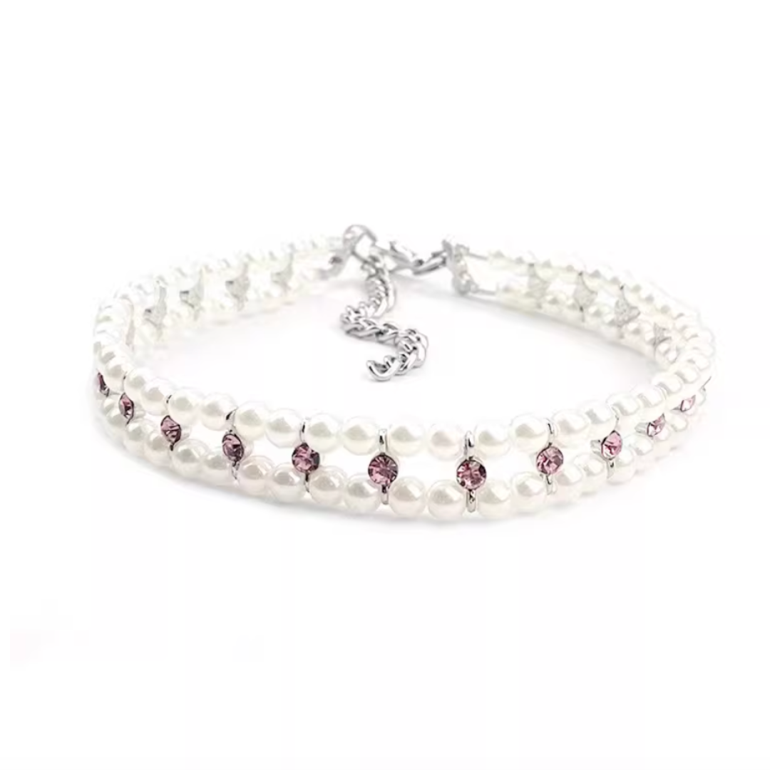 Handmade custom-made pet pearl and rhinestone collar