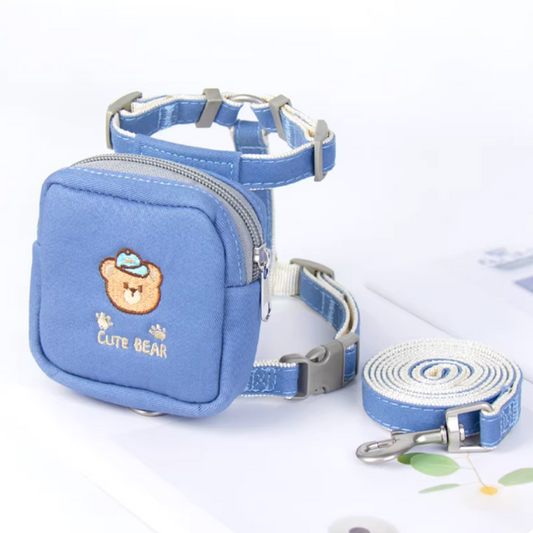 Embroidered Bear Pet Harness Leash (Treat Pouch)