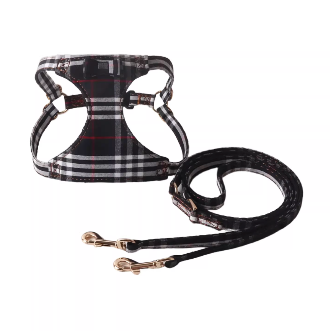 British Plaid Dog Harness with Leash Set