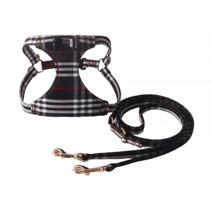 British Plaid Dog Harness with Leash Set