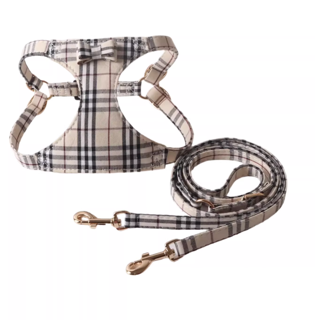 British Plaid Dog Harness with Leash Set