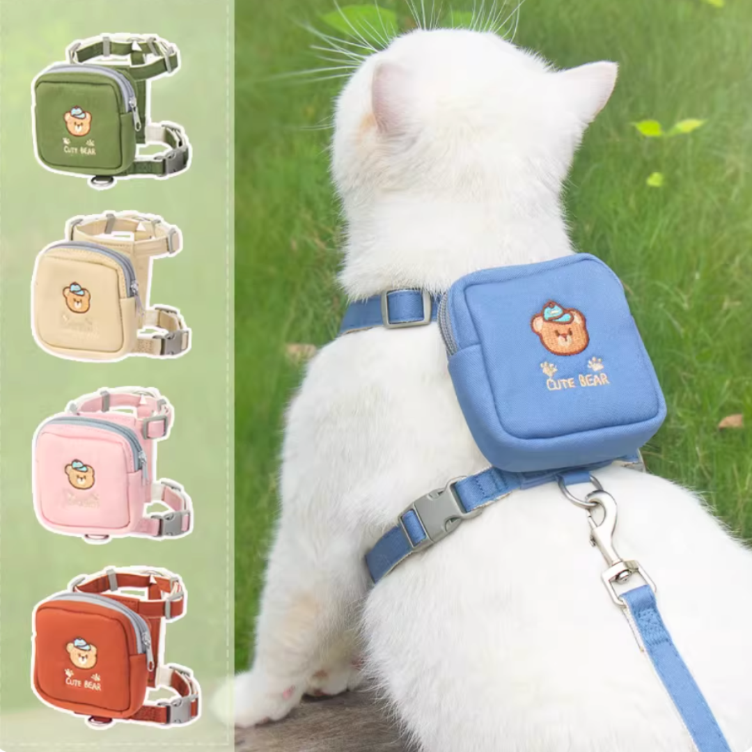 Embroidered Bear Pet Harness Leash (Treat Pouch)