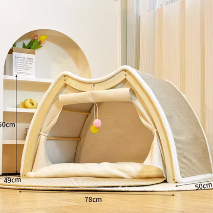 Solid Wood Cat House with Scratch Pads – Cozy Bed & Durable Scratching Surface Combined