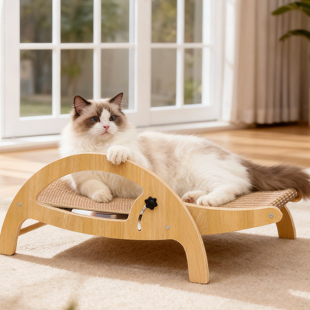 All-Season Cat Scratcher Sofa – Wooden Cat Bed with Adjustable Backrest & Sisal Scratching Surface