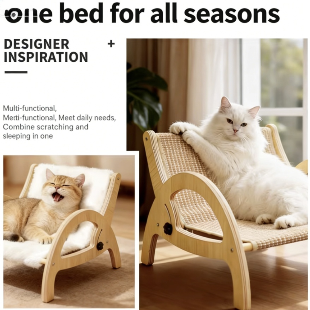 All-Season Cat Scratcher Sofa – Wooden Cat Bed with Adjustable Backrest & Sisal Scratching Surface
