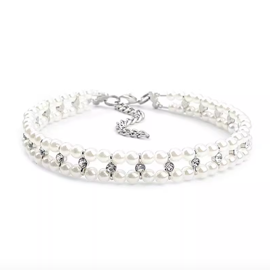 Handmade custom-made pet pearl and rhinestone collar