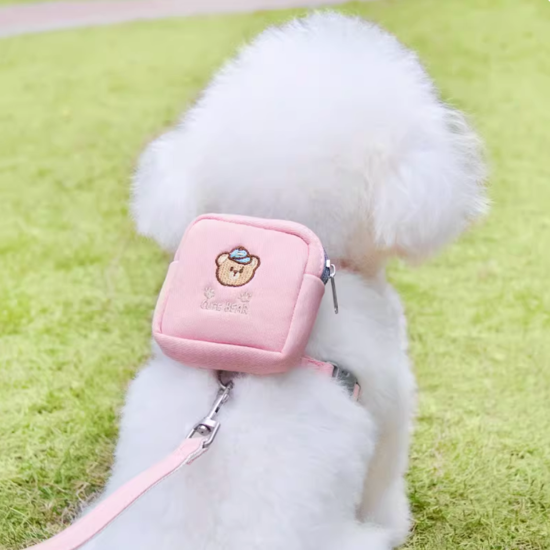 Embroidered Bear Pet Harness Leash (Treat Pouch)