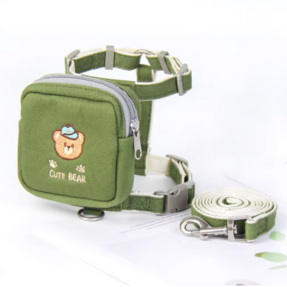 Embroidered Bear Pet Harness Leash (Treat Pouch)