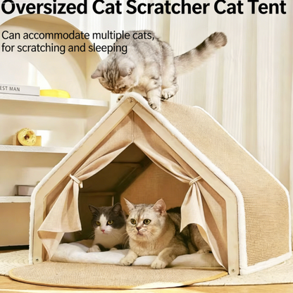 Solid Wood Cat House with Scratch Pads – Cozy Bed & Durable Scratching Surface Combined