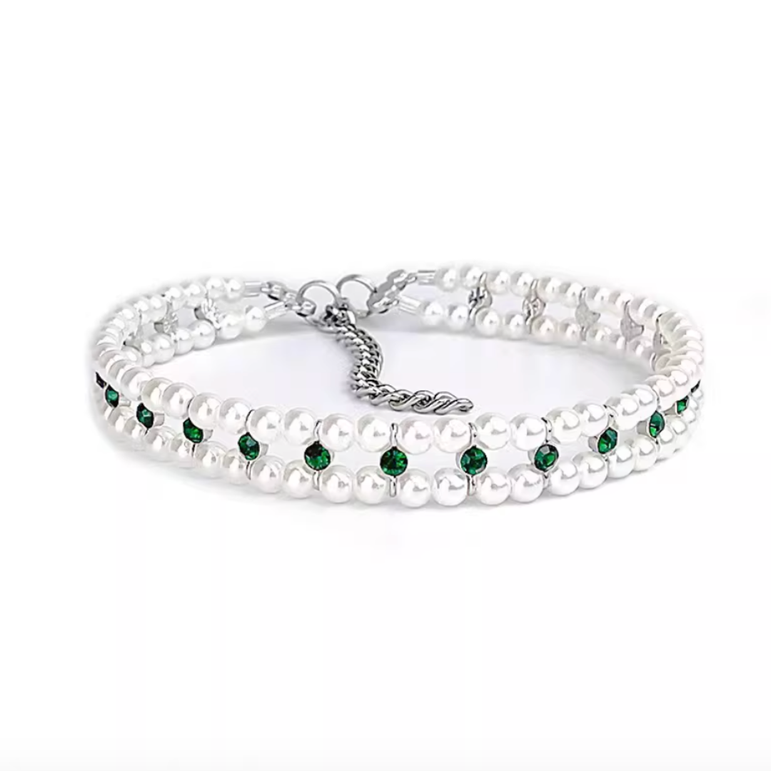 Handmade custom-made pet pearl and rhinestone collar