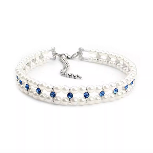 Handmade custom-made pet pearl and rhinestone collar