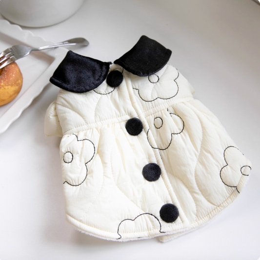 Black-and-White Floral Baby-Doll Collar Warm Coat
