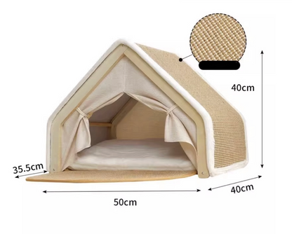 Solid Wood Cat House with Scratch Pads – Cozy Bed & Durable Scratching Surface Combined