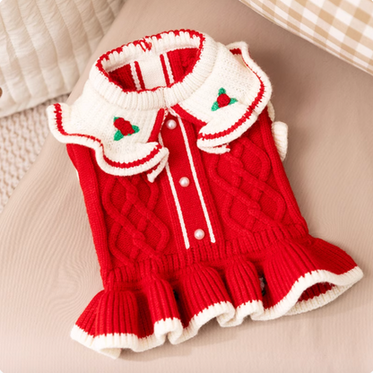 Red floral embroidered knit dress