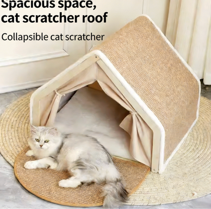 Solid Wood Cat House with Scratch Pads – Cozy Bed & Durable Scratching Surface Combined
