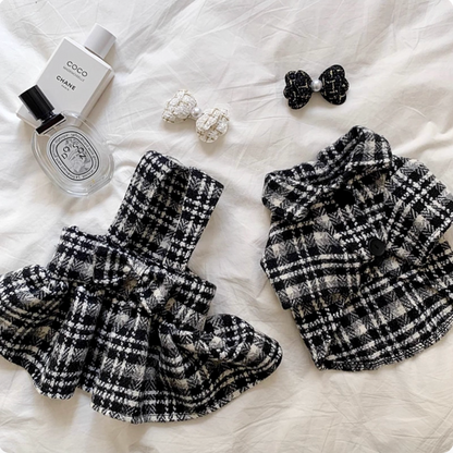 Puppy Couple Outfits: Black and White Checkered Shirt & Dress
