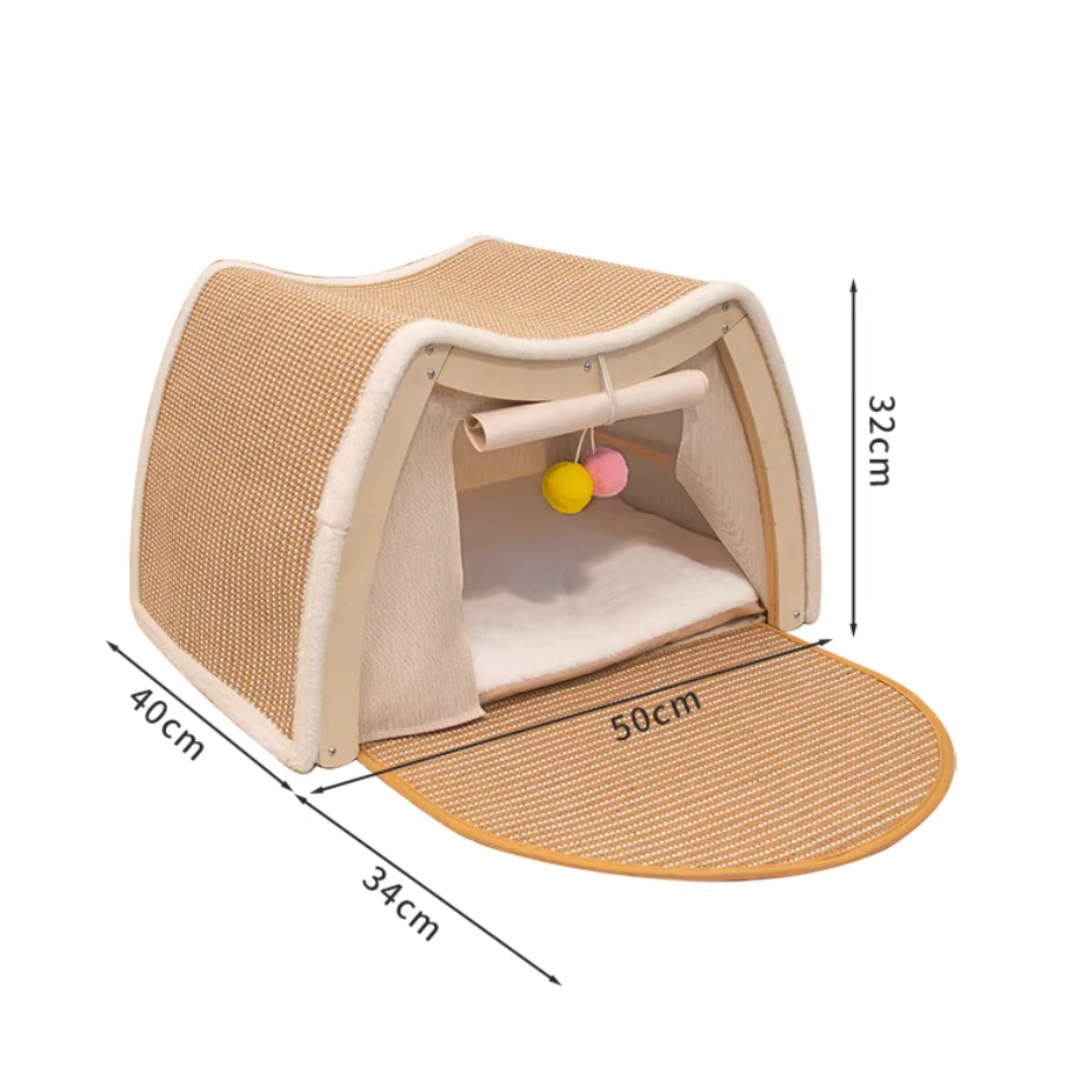 Solid Wood Cat House with Scratch Pads – Cozy Bed & Durable Scratching Surface Combined