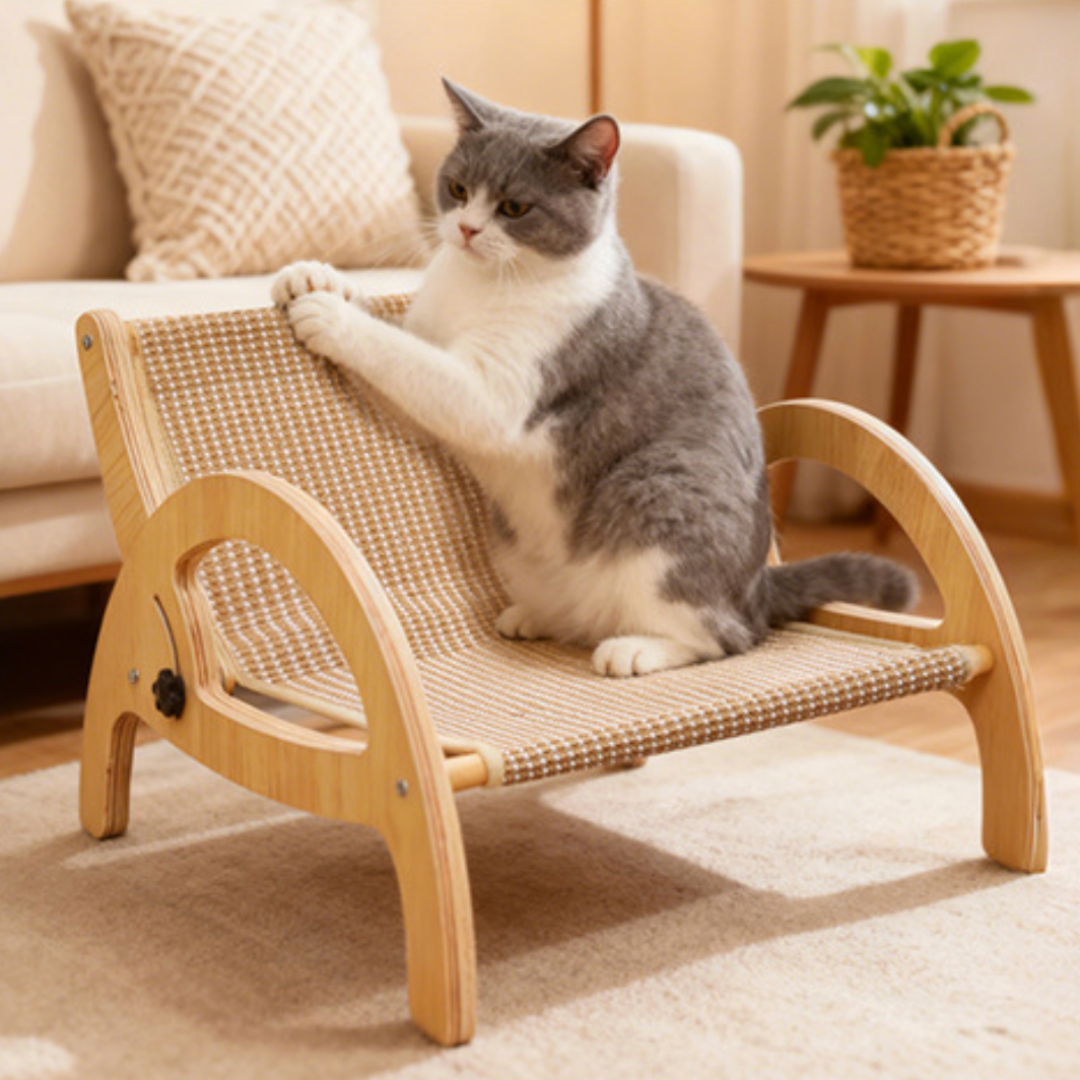 All-Season Cat Scratcher Sofa – Wooden Cat Bed with Adjustable Backrest & Sisal Scratching Surface
