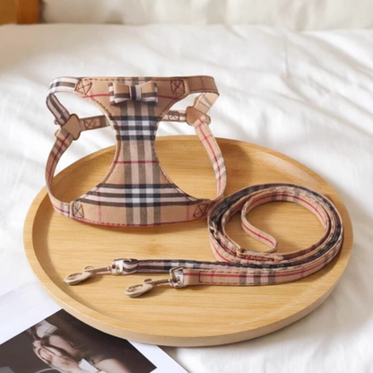 British Plaid Dog Harness with Leash Set