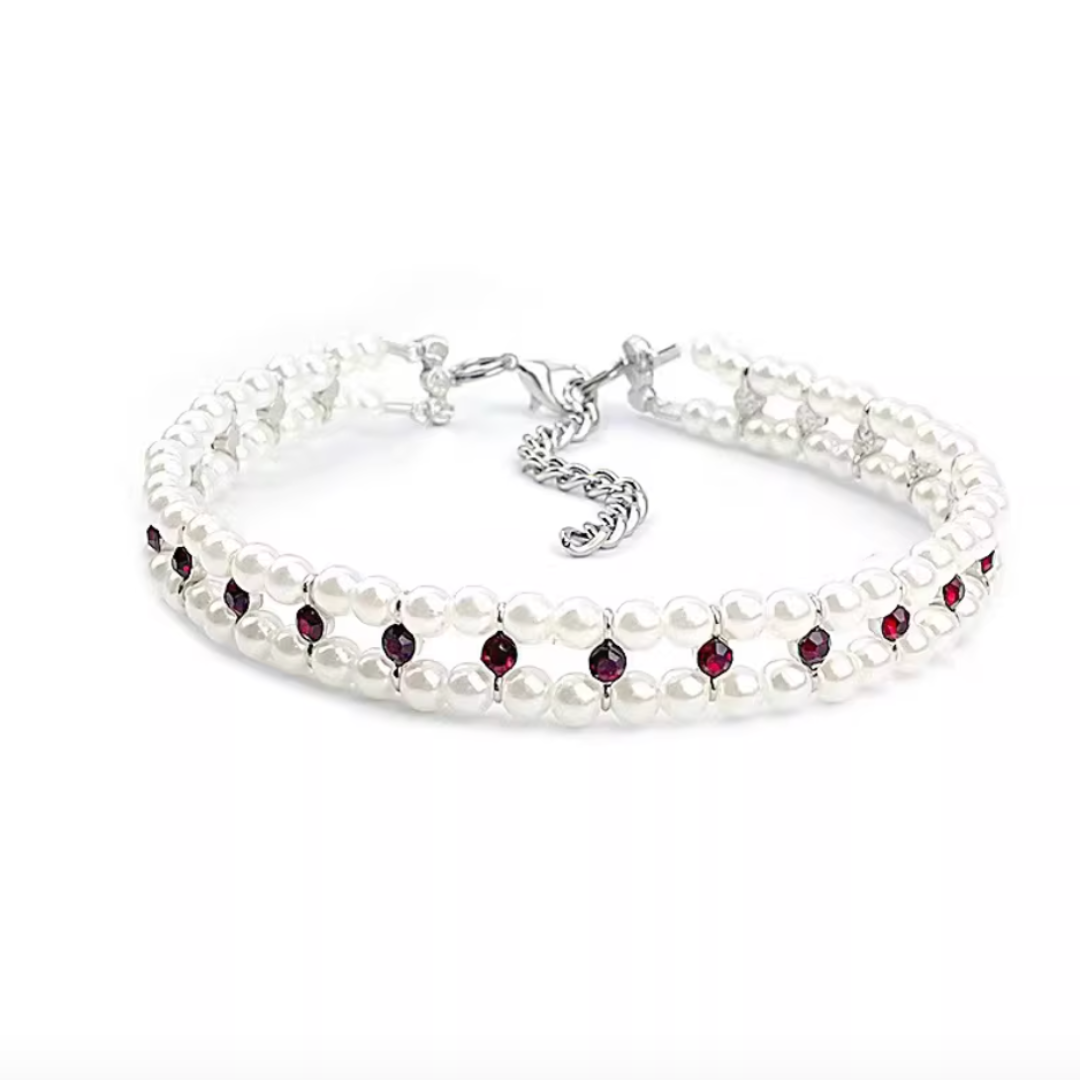 Handmade custom-made pet pearl and rhinestone collar