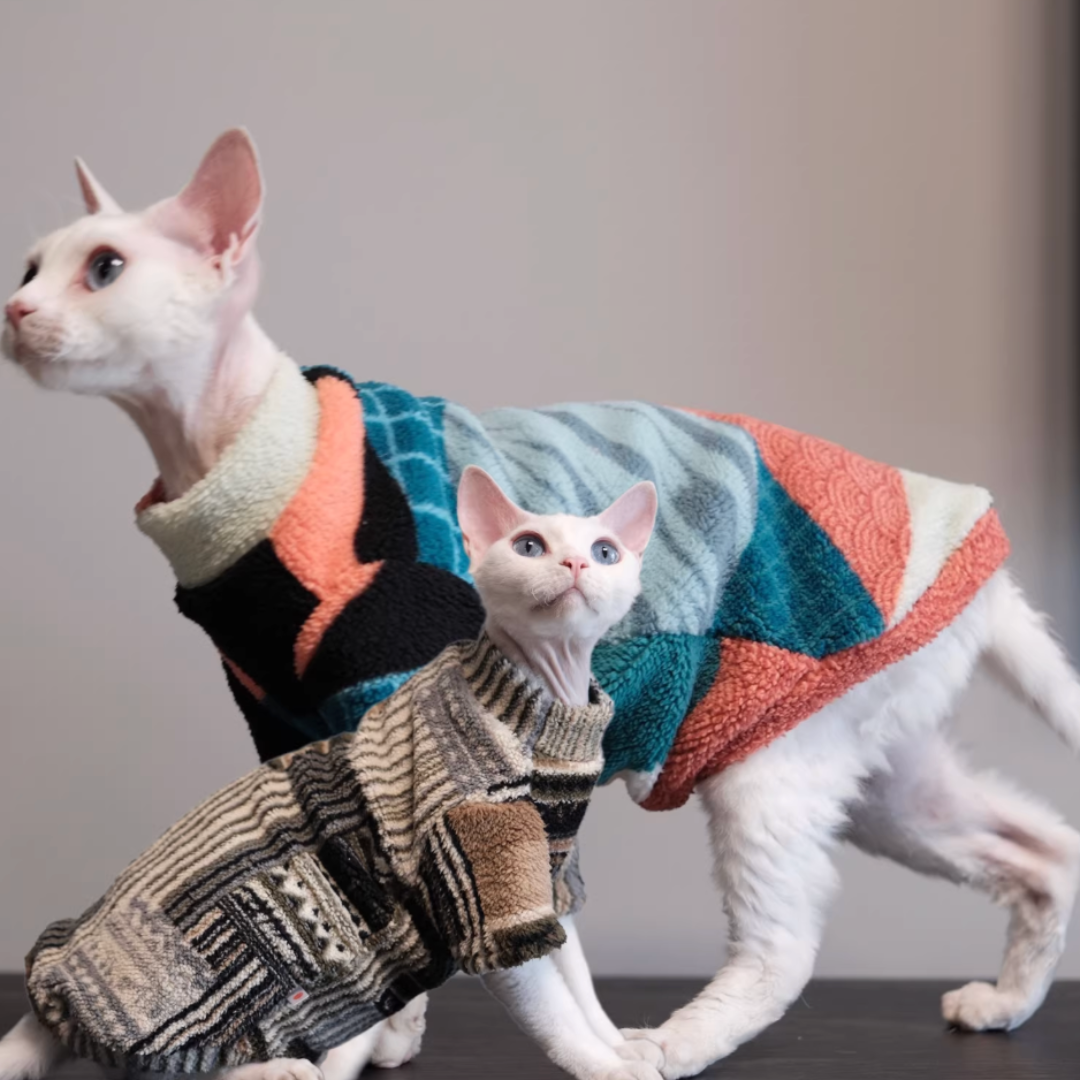Sphynx & Devon Rex Cats Fall/Winter Color-Blocked Fleece Clothes