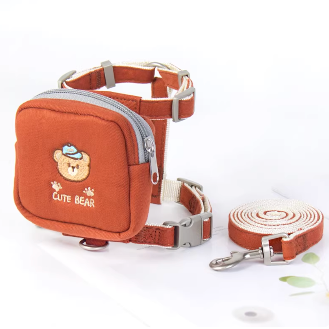 Embroidered Bear Pet Harness Leash (Treat Pouch)