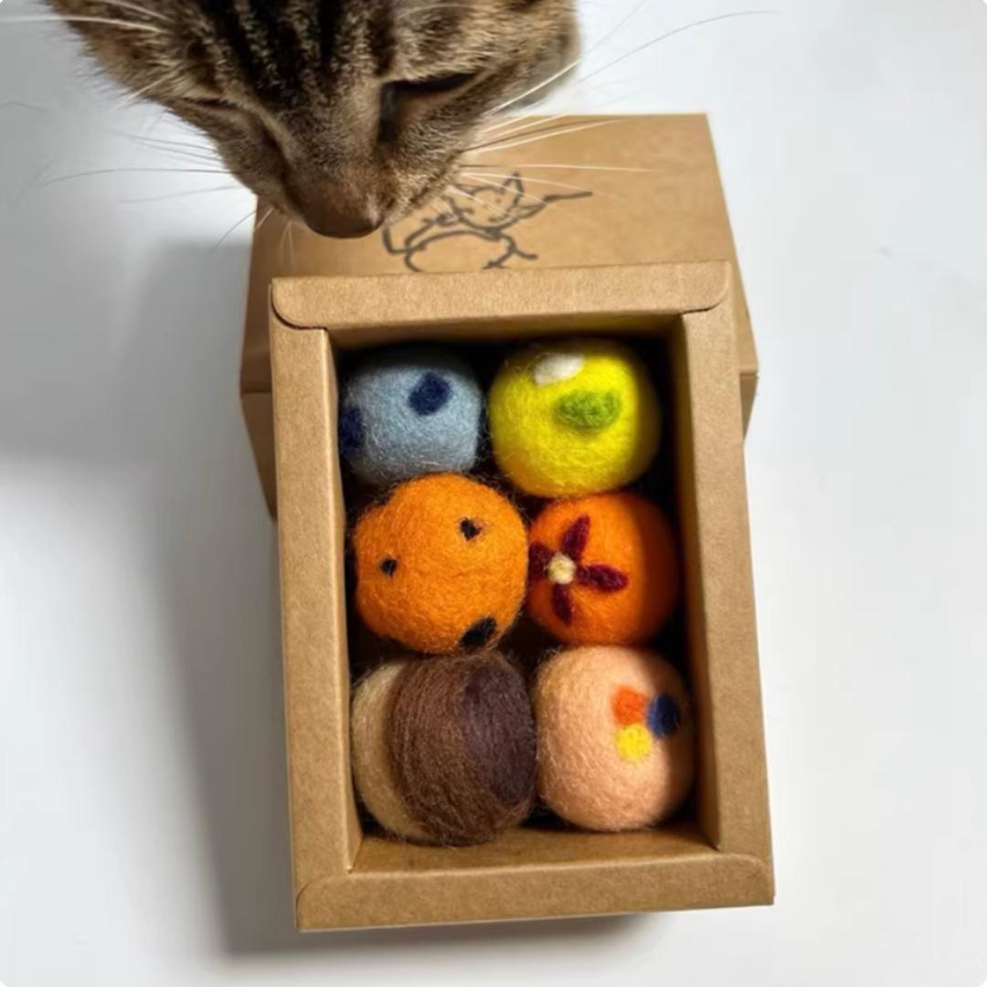 Cat wool felted ball toy set（Lemon, Pinecone）