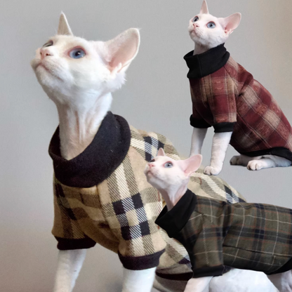 Sphynx & Devon Rex Cats in Autumn-Winter Long Sleeves Plaid Clothes